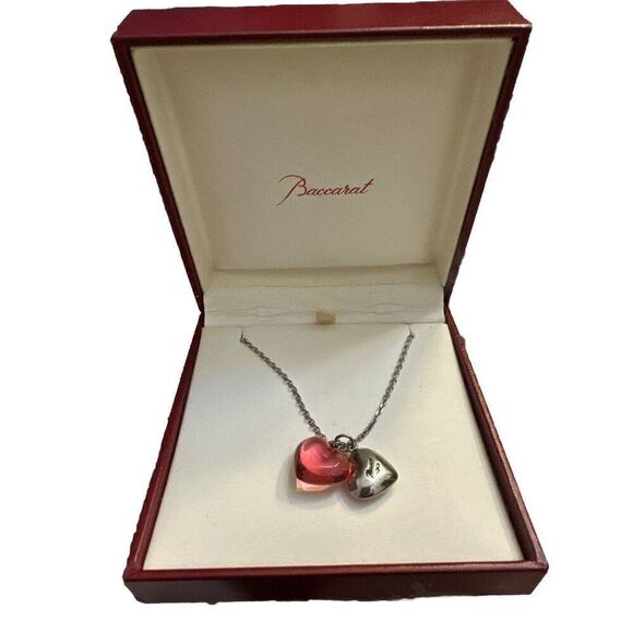 Baccarat crystal glass and SV925 heart double heart necklace Color with Box - Picture 1 of 3